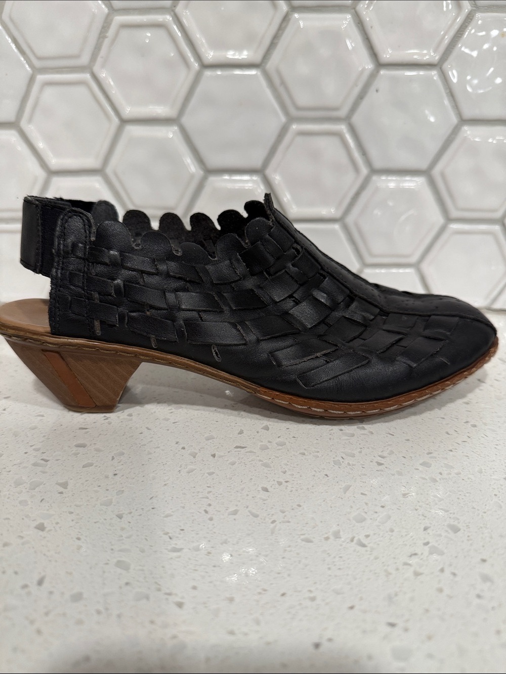 Rieker Black Woven Leather Slingback Mules